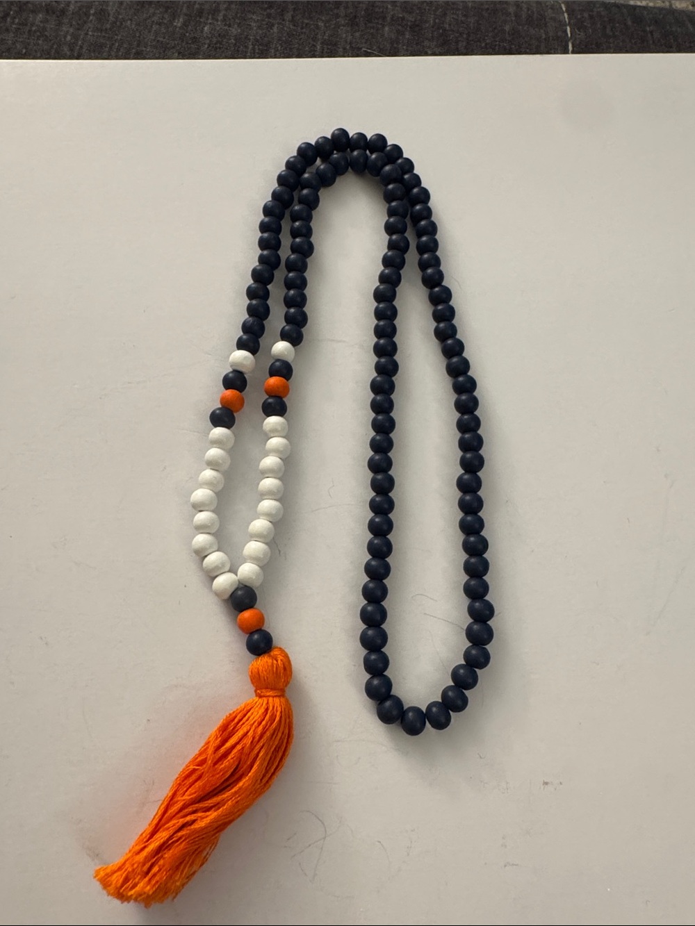 Beaded Necklace with Orange Tassel - Navy & White J33
